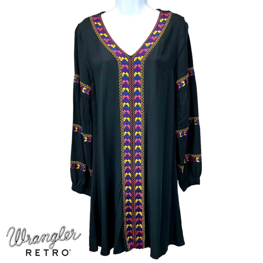Wrangler Retro Women Medium Black‎ Western Embroidered Balloon Sleeve Mini Dress